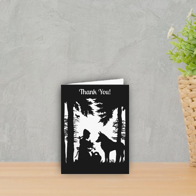Carte De Remerciements Le Petit Chaperon rouge Loup Noir Blanc dans les B (black white Little red riding hood under trees in forest with wolf on Thank you cards.)