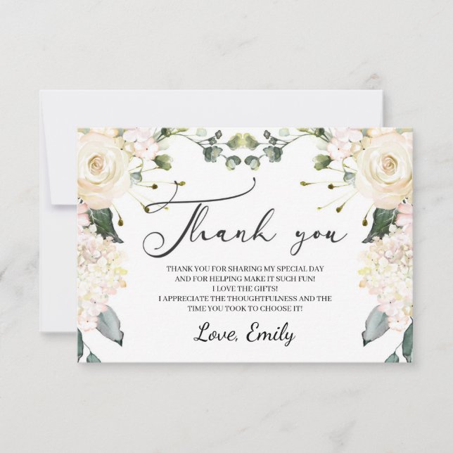 Carte De Remerciements L'élégante douche de mariée florale blanche hydran (Devant)