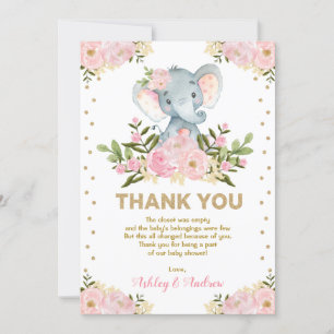 Carte De Remerciements L'éléphant mignon rougissent baby shower floral