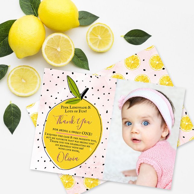 Carte De Remerciements Lemonade rose moderne 1ère photo d'anniversaire (Créateur téléchargé)