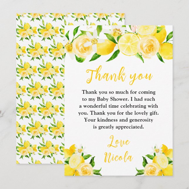 Carte De Remerciements Lemons and Foliage Baby Shower (Devant / Derrière)