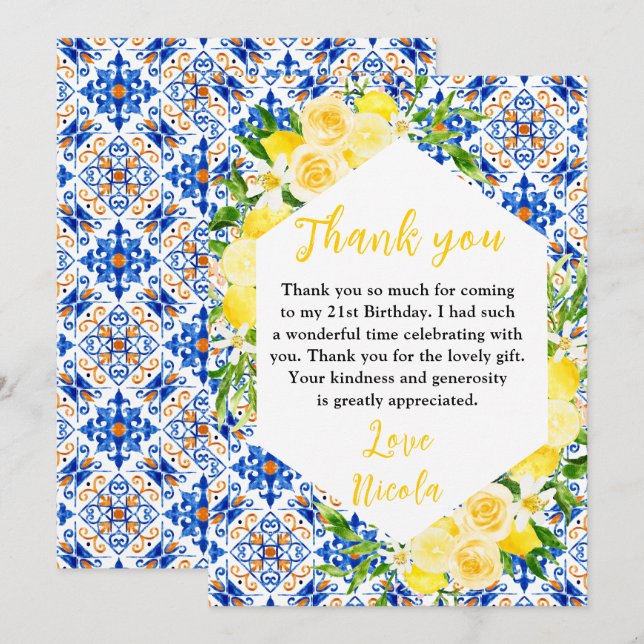 Carte De Remerciements Lemons with Foliage Mediterranean Birthday (Devant / Derrière)
