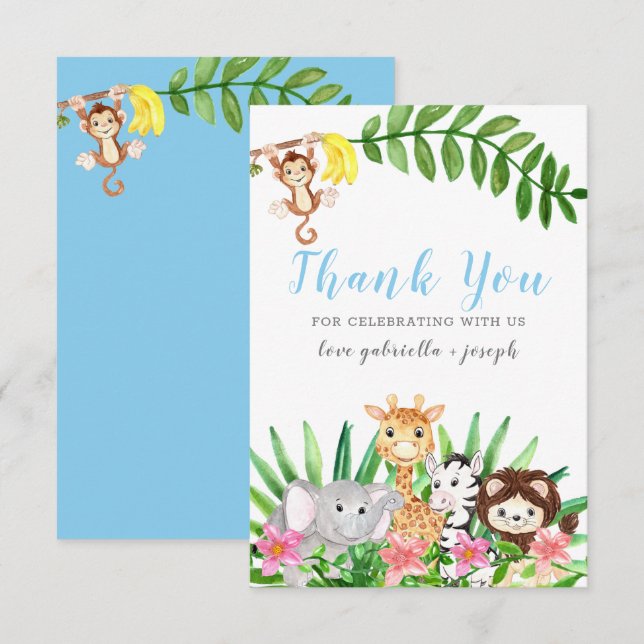 Carte De Remerciements Les animaux de Safari mignons | Bébé bleu douche g (Devant / Derrière)