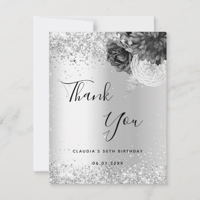 Carte De Remerciements Les fleurs d'argent brillent élégamment (Devant)