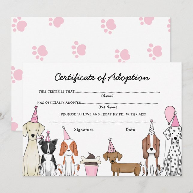 Carte De Remerciements Lets Pawty Adoption Certificate Dog birthday card (Devant / Derrière)