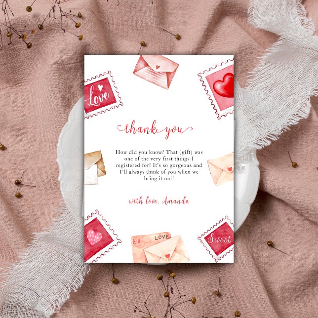 Carte De Remerciements Lettre Valentine Timbre Baby shower amoureux (Valentine Letter Stamp Sweetheart Baby Shower Thank You Card)