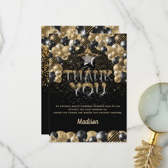 Carte De Remerciements Lettres d'or noir de luxe Anniversaire (Devant/Arrière en situation)
