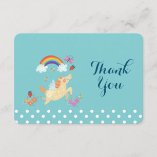 Carte De Remerciements Licorne Arc-en-ciel Nuages et Fleurs Anniversaire