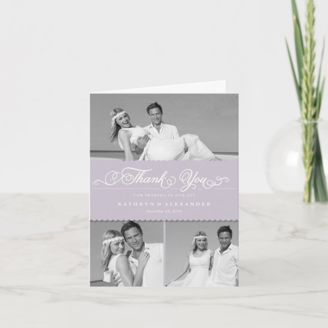 Carte De Remerciements Lilac Scallop Band Romantique Script 3 Mariage pho (Devant)