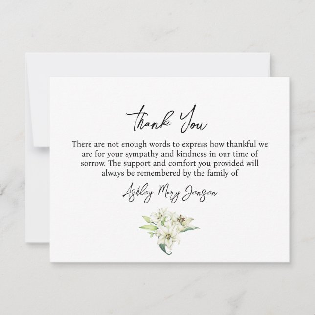 Carte De Remerciements Lily Funeral Thank You Note Card Bereavement (Devant)