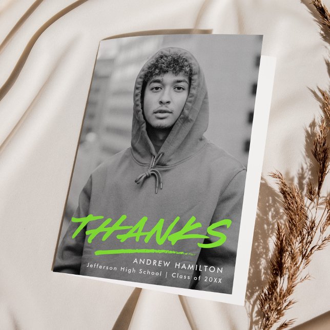 Carte De Remerciements Lime Green Dashed Modern Photo Graduation (Créateur téléchargé)