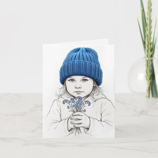 Carte De Remerciements Little Girl In a Blue Knit Hat (Devant)