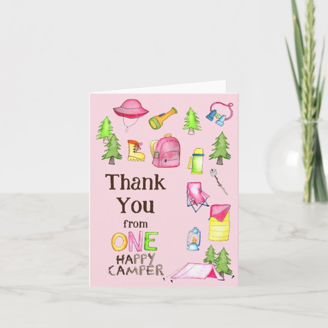 Carte De Remerciements Little Girl One Happy Camper First Birthday Party (Devant)