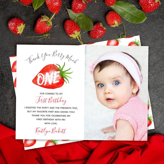 Carte De Remerciements Little Sweetie Strawberry 1er anniversaire Photo (Créateur téléchargé)