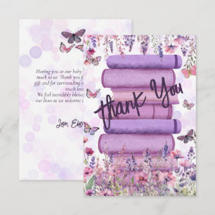 Carte De Remerciements Livre Violet Empilé Fleurs Sauvages Papillons Scri