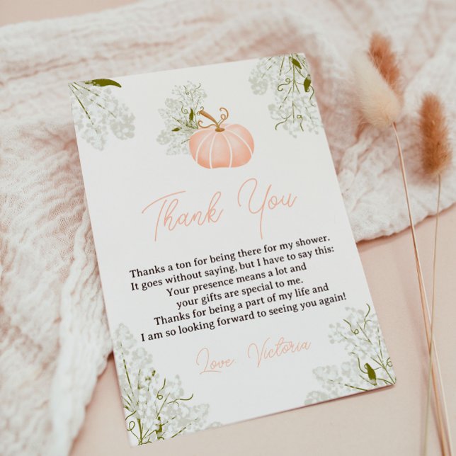 Carte De Remerciements Livres floraux citrouilles roses pour baby shower (Pink pumpkin floral books for baby shower thank you card)