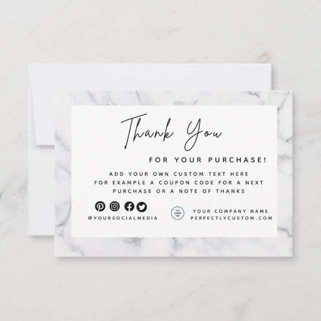 Carte De Remerciements Logo à bordure en marbre blanc (Devant)