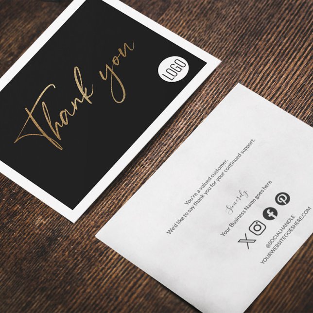 Carte De Remerciements Logo d'entreprise personnalisable Social Gold Blac (Black and faux gold thank you script, custom logo with social icons card.)