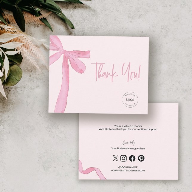 Carte De Remerciements Logo personnalisé Blush Pink Coquette (Pink bow coquette thank you business logo card)