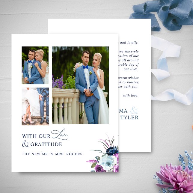 Carte De Remerciements Love and Gratitude Photo, Mariage violet et bleu (Créateur téléchargé)