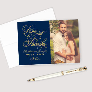 Carte De Remerciements Love and Thanks Gold Script Navy Wedding Photo