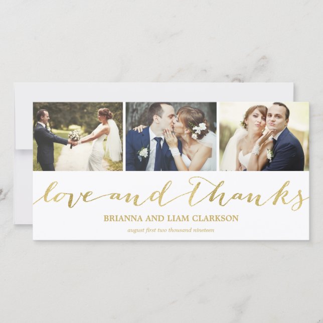 Carte De Remerciements Love and Thanks Gold Script | Remerciements pour m (Devant)