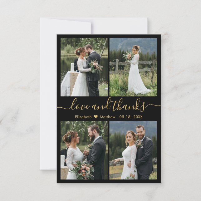 Carte De Remerciements Love and Thanks Script Black Gold Collage Mariage (Devant)