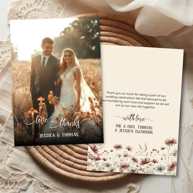 Carte De Remerciements Love Thanks Photo Overlay Boho Fleur sauvage Maria (Front/Back)