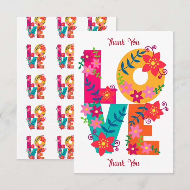 Carte De Remerciements LOVE typographie clipart, design floral (Devant / Derrière)