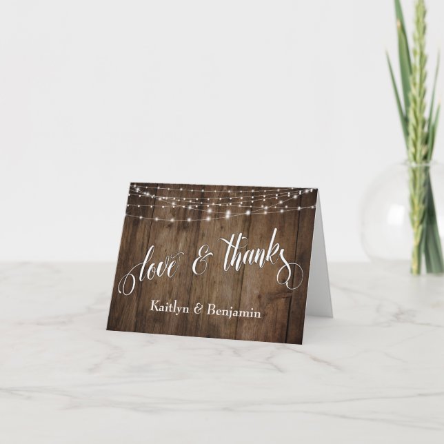 Carte De Remerciements Lumières Blanches en Bois Rustique Amour & Remerci (Devant)