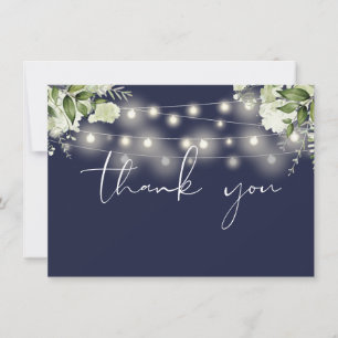 Carte De Remerciements Lumières de chaîne de verdure florale bleu marine