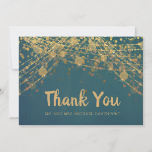 Carte De Remerciements Lumières de chaîne dorée sarcelle élégante Bokeh M