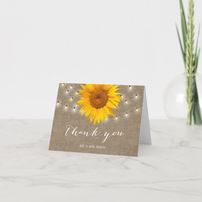 Carte De Remerciements Lumières de Chaîne Rustiques Tournesol Mariage Rem (Devant)
