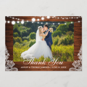 Carte De Remerciements Lumières en bois de mariage rustique Lace Photo Me