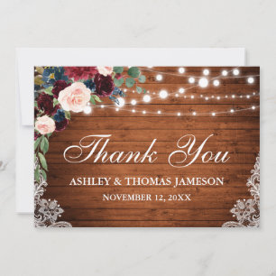 Carte De Remerciements Lumières en bois Mariage rustique Dentelle Florale