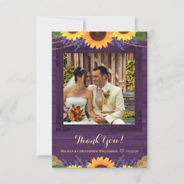 Carte De Remerciements Lumières en bois violet rustique Tournesol Mariage (Devant)