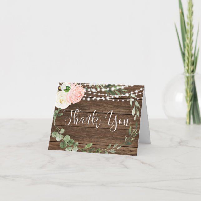 Carte De Remerciements Lumières rustiques bois rose blush blanc verdure (Devant)