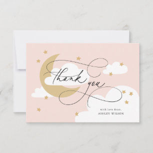 Carte De Remerciements Lune et étoiles Baby shower de script or rose