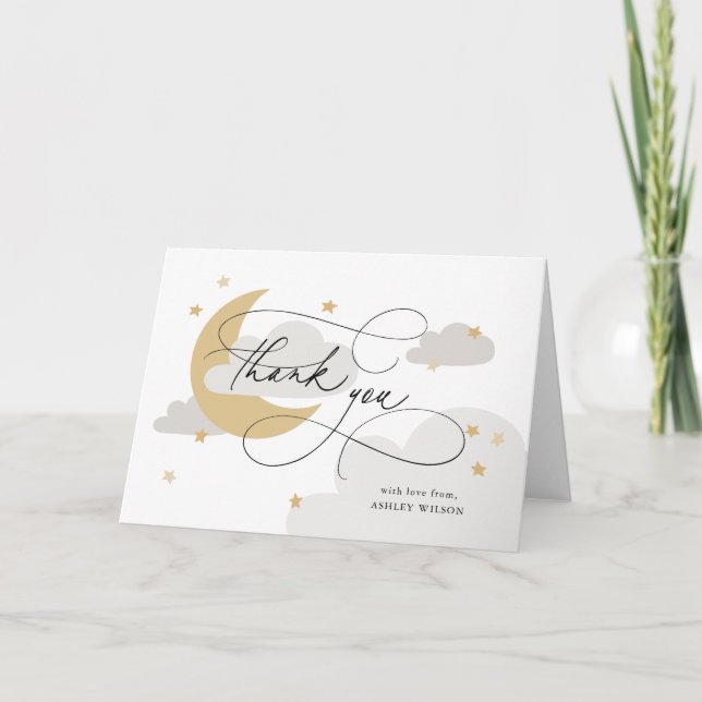Carte De Remerciements Lune et étoiles Gris Script Baby shower (Devant)
