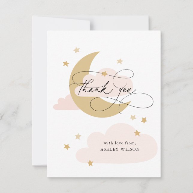 Carte De Remerciements Lune et étoiles Matte Baby shower de script rose (Devant)