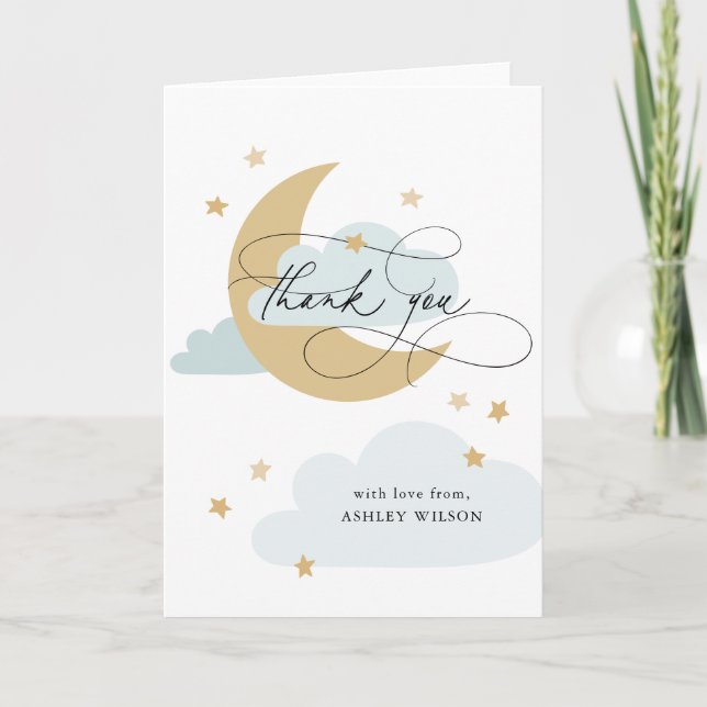 Carte De Remerciements Lune et étoiles Matte Blue Script Baby shower Merc (Devant)