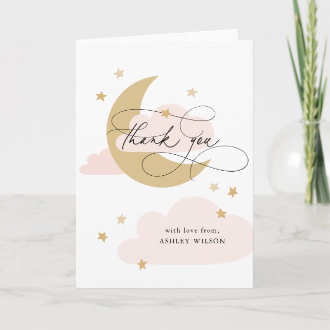Carte De Remerciements Lune et étoiles Matte Pink Script Baby shower Merc (Devant)