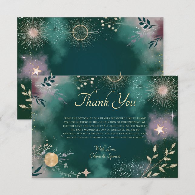 Carte De Remerciements Lune magique céleste et étoiles Mariage émeraude (Devant / Derrière)