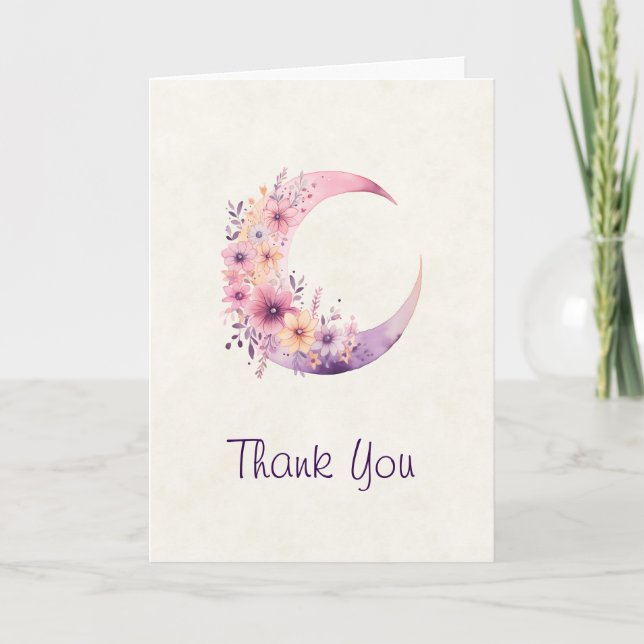 Carte De Remerciements Lune rose Croissant avec de jolies fleurs (Devant)