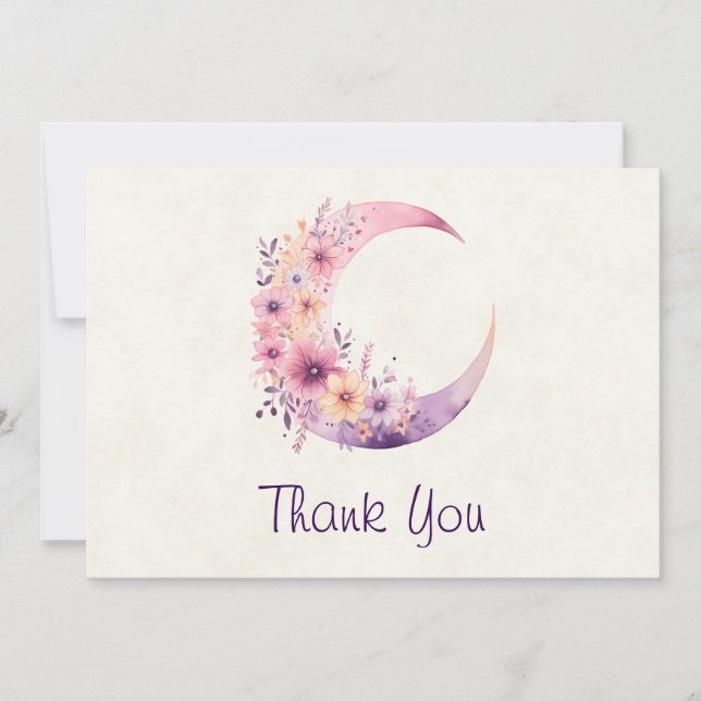 Carte De Remerciements Lune rose Croissant avec de jolies fleurs (Devant)