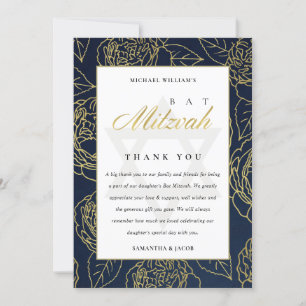 CARTE DE REMERCIEMENTS LUX ELEGANT MARINE OR ROSE FLORAL BAT BAR MITZVAH