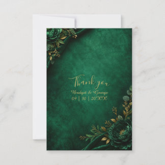 Carte De Remerciements Luxe Émeraude Élégance Florale de Mariage en Velou