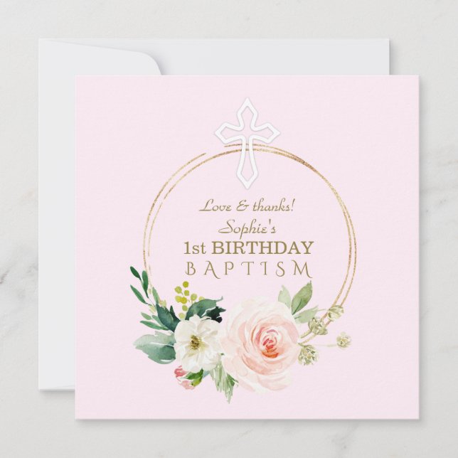 Carte De Remerciements Luxe Pink Blush Floral 1er Anniversaire et Baptême (Devant)