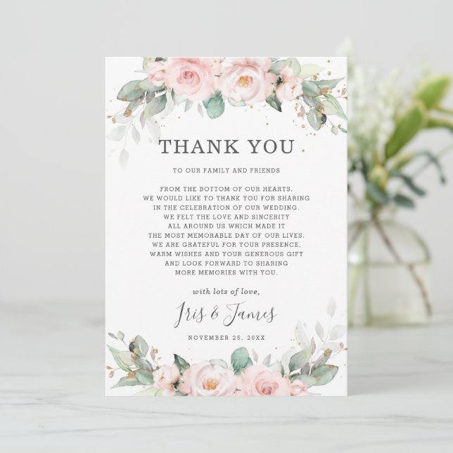 Carte De Remerciements Luxe Soft Hued Blush Rose Floral Mariage (Debout devant)