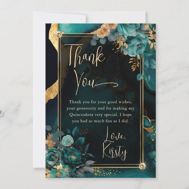 Carte De Remerciements Luxe Turquoise et or Floral Agate Quinceanera (Devant)